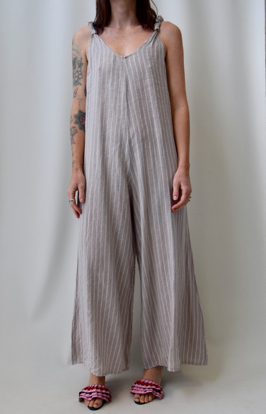 Striped Linen Sack Overalls