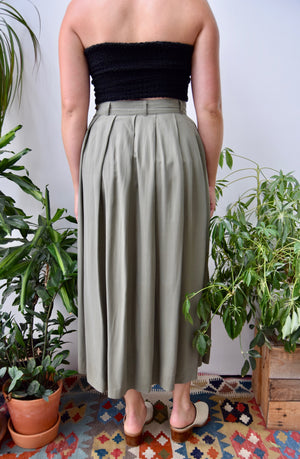 Olive Silk Pleated Skirt