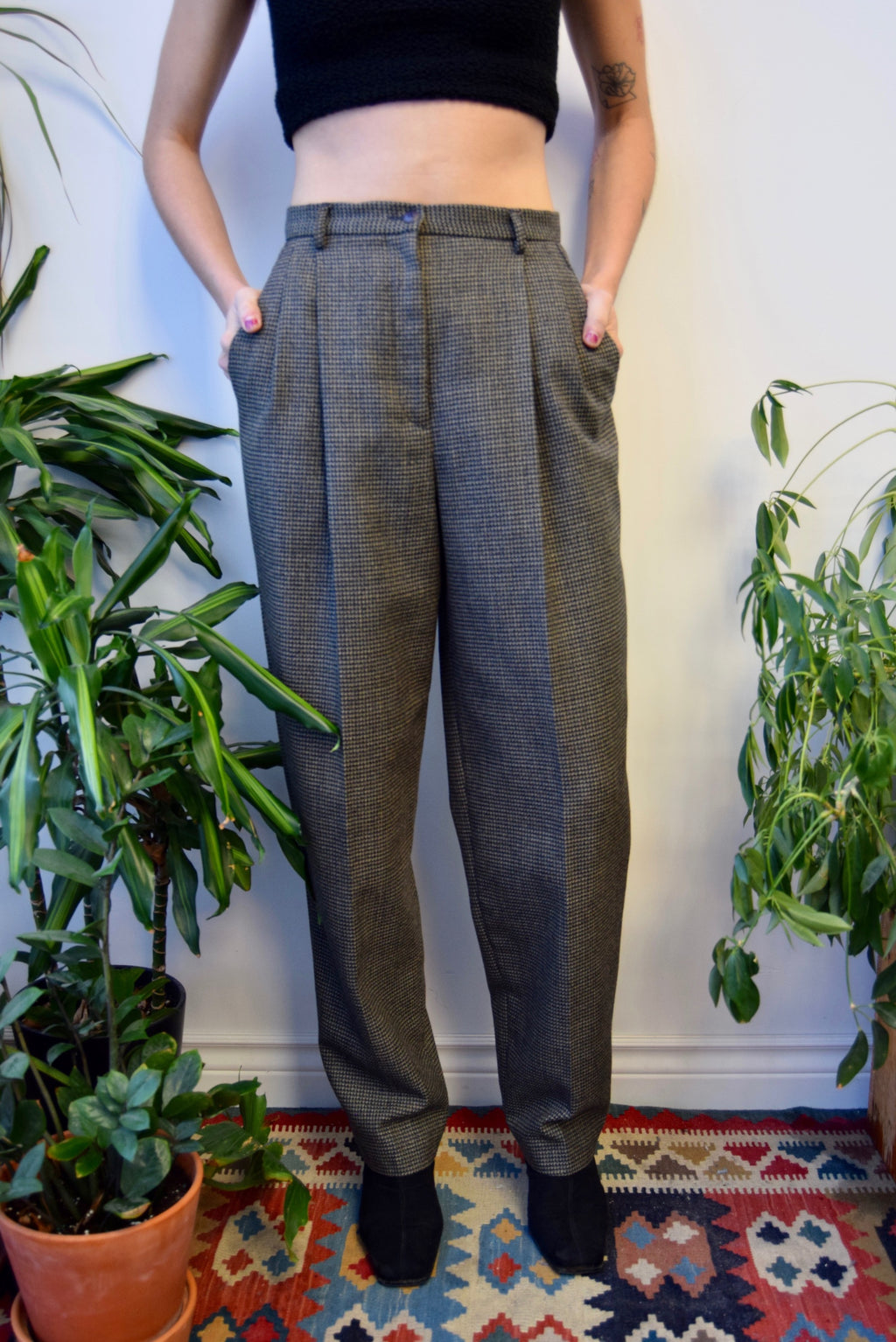 Navy Houndstooth Wool Trousers