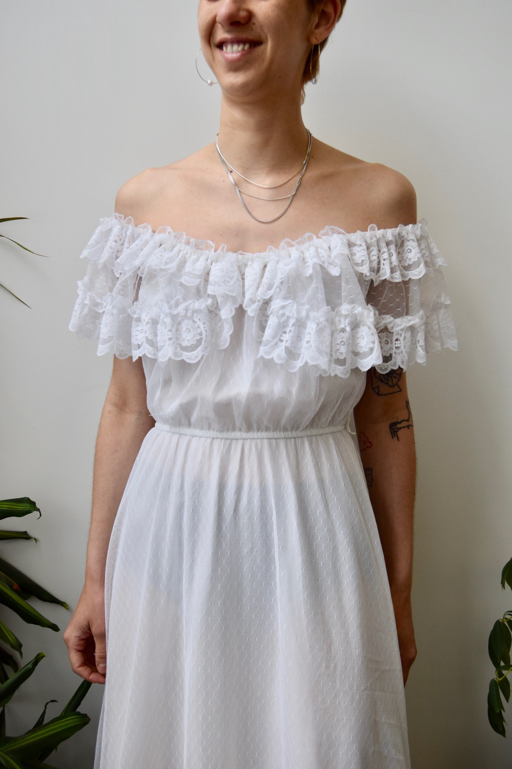 Seventies Off The Shoulder Lace Gown