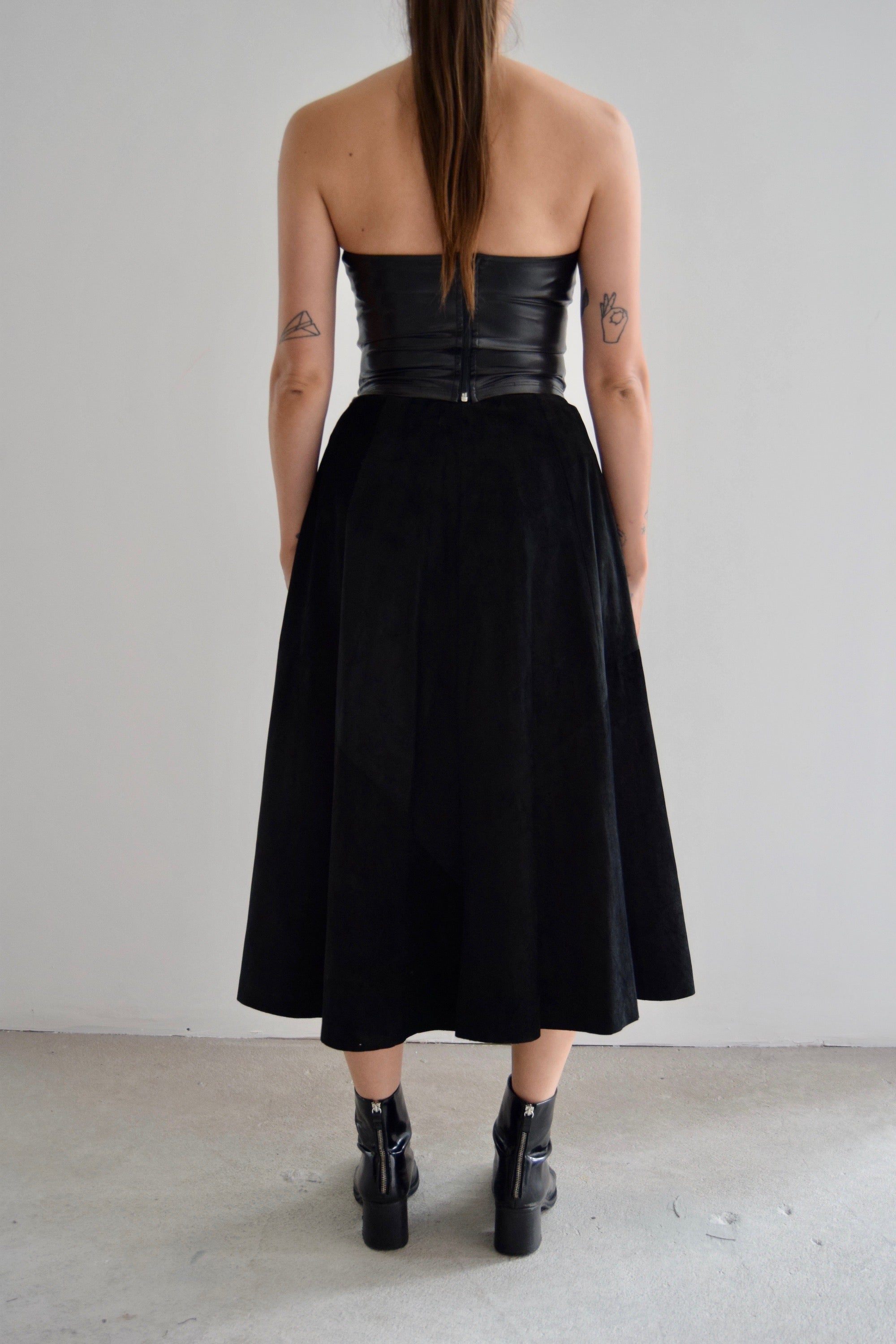 Vintage Deep Black Suede Midi Skirt