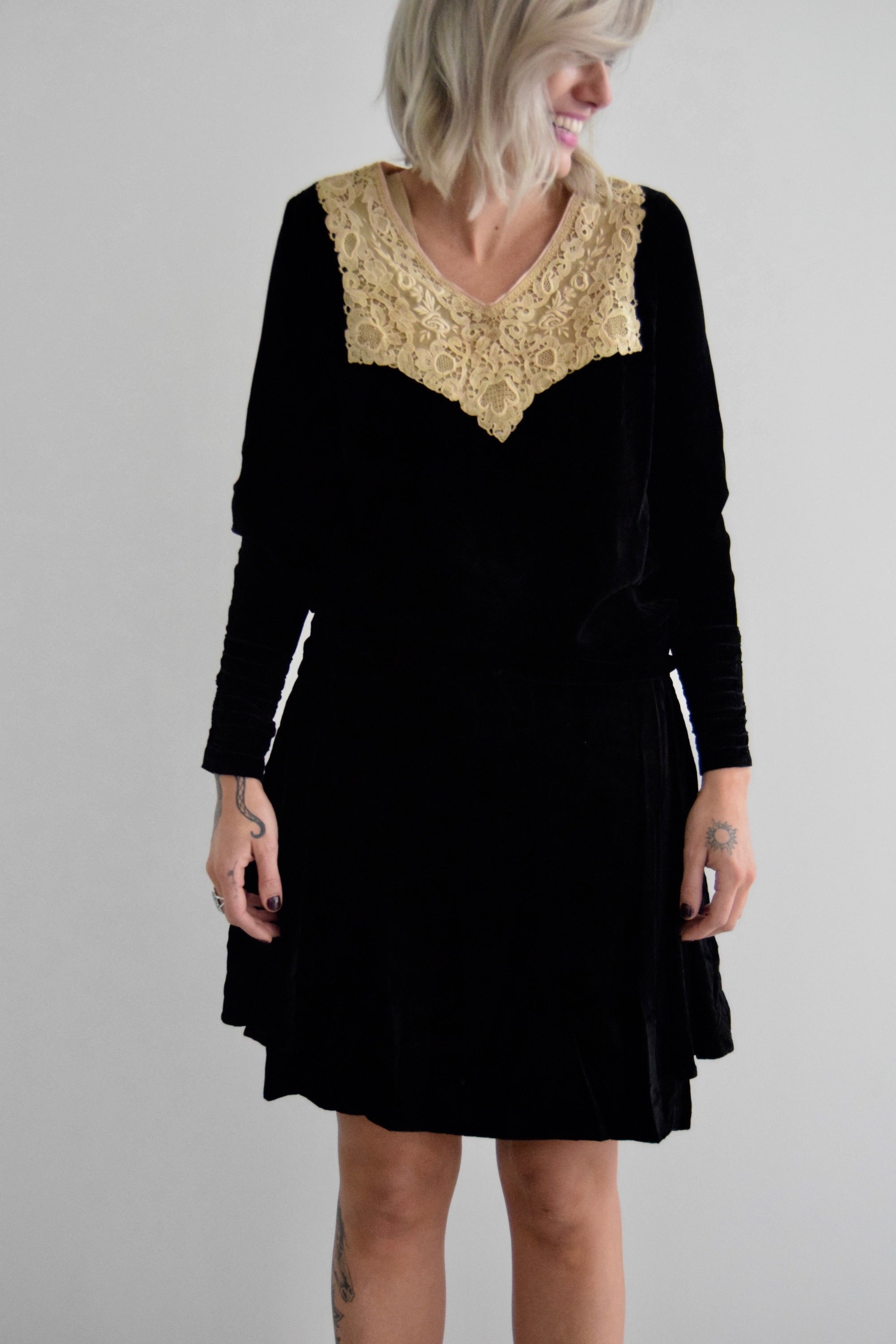 Vintage 1920's Black Velvet Drop Waist Dress