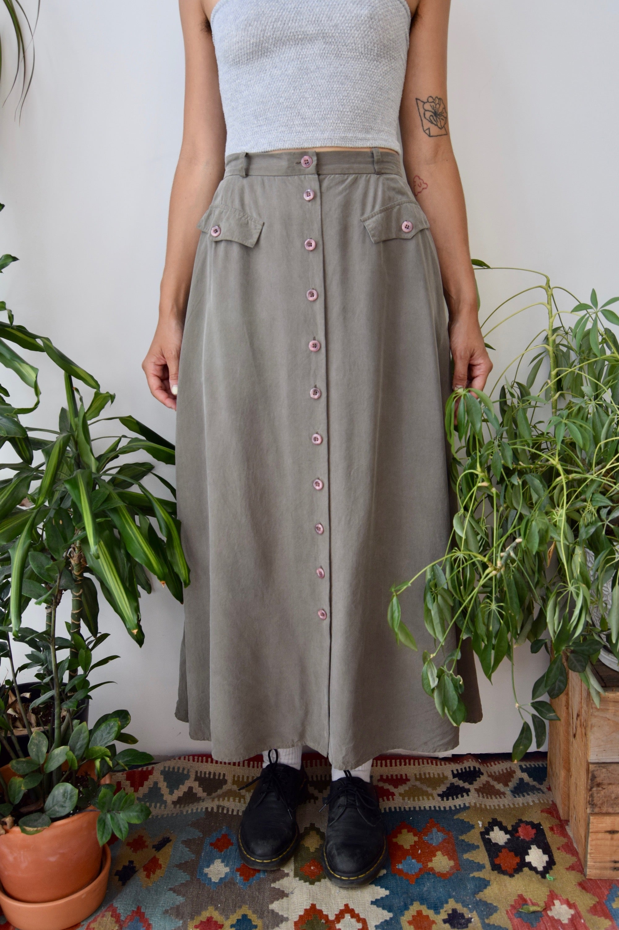 Olive Silk Aline Skirt