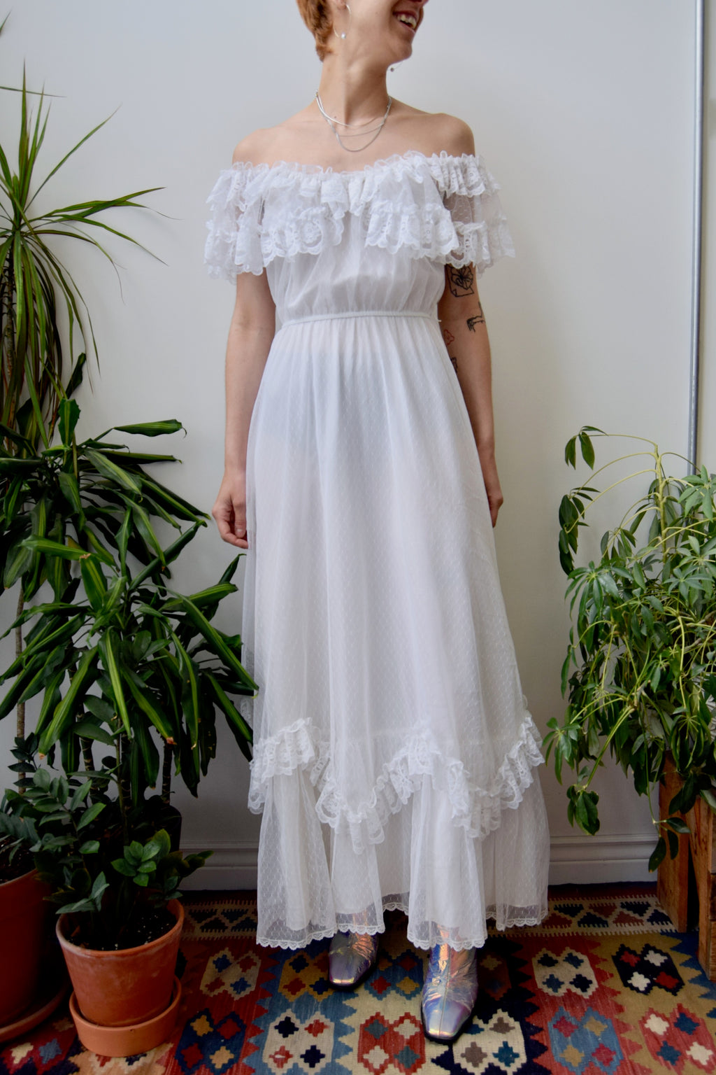 Seventies Off The Shoulder Lace Gown