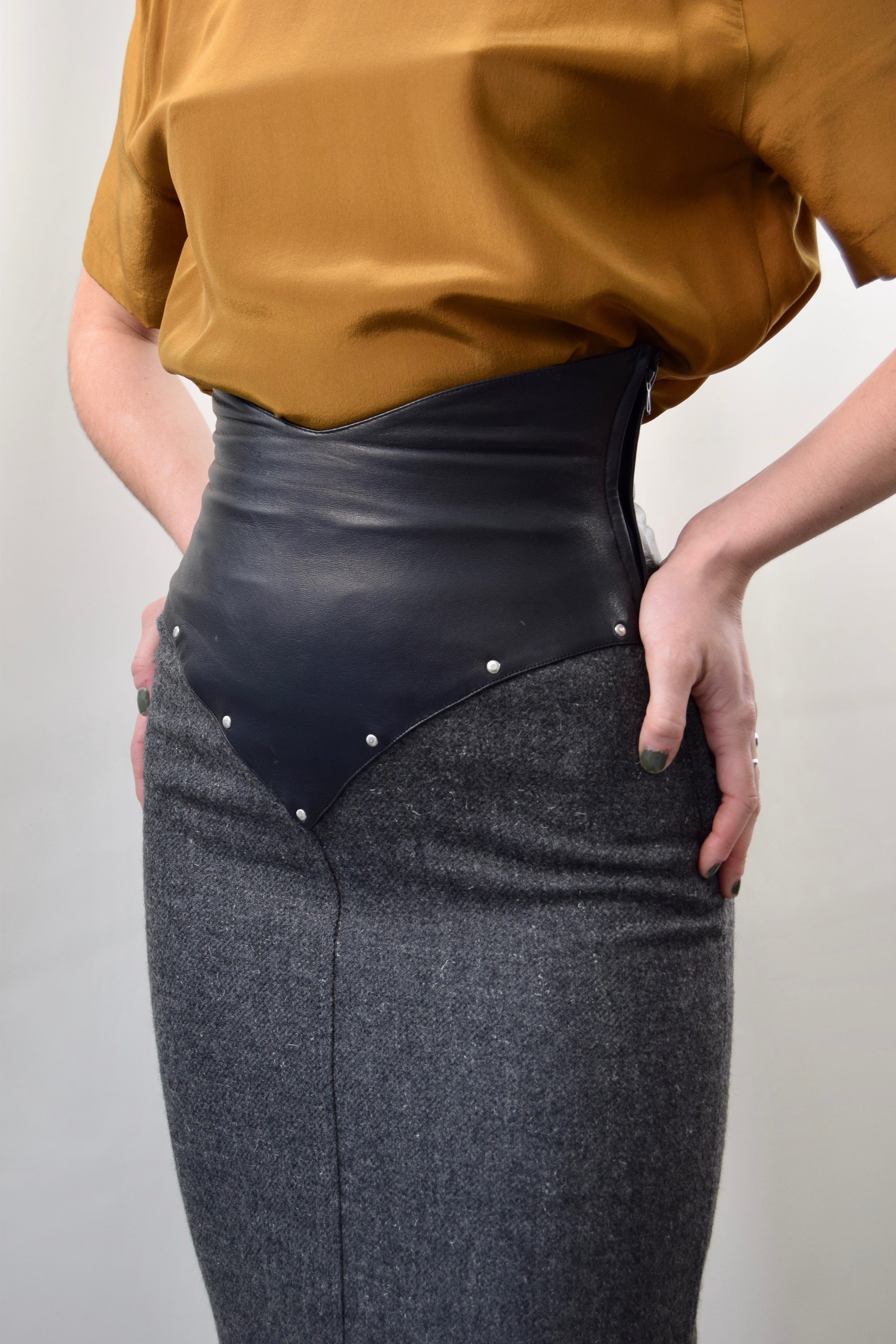 Italian Made Leather and Wool Pencil Skirt