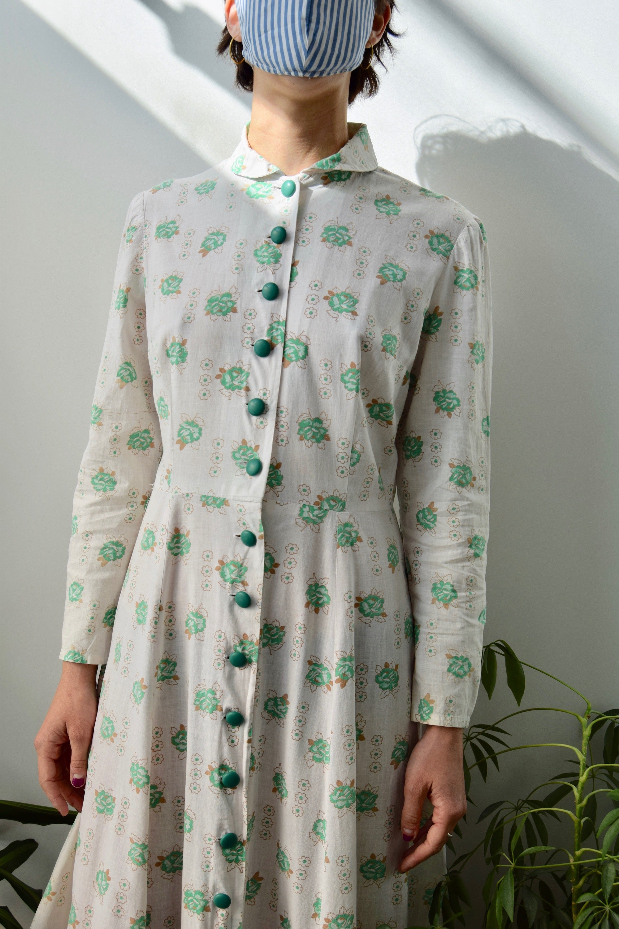 Vintage Green Wild Rose Cotton Shirt Dress