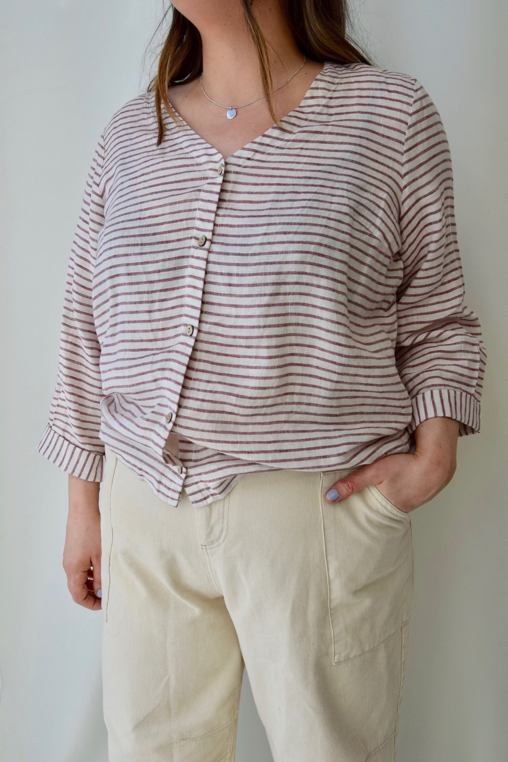 Striped Linen Cropped Sleeve Top