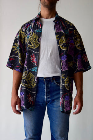 Vintage Men's Abstract Floral Silk Button Up Shirt