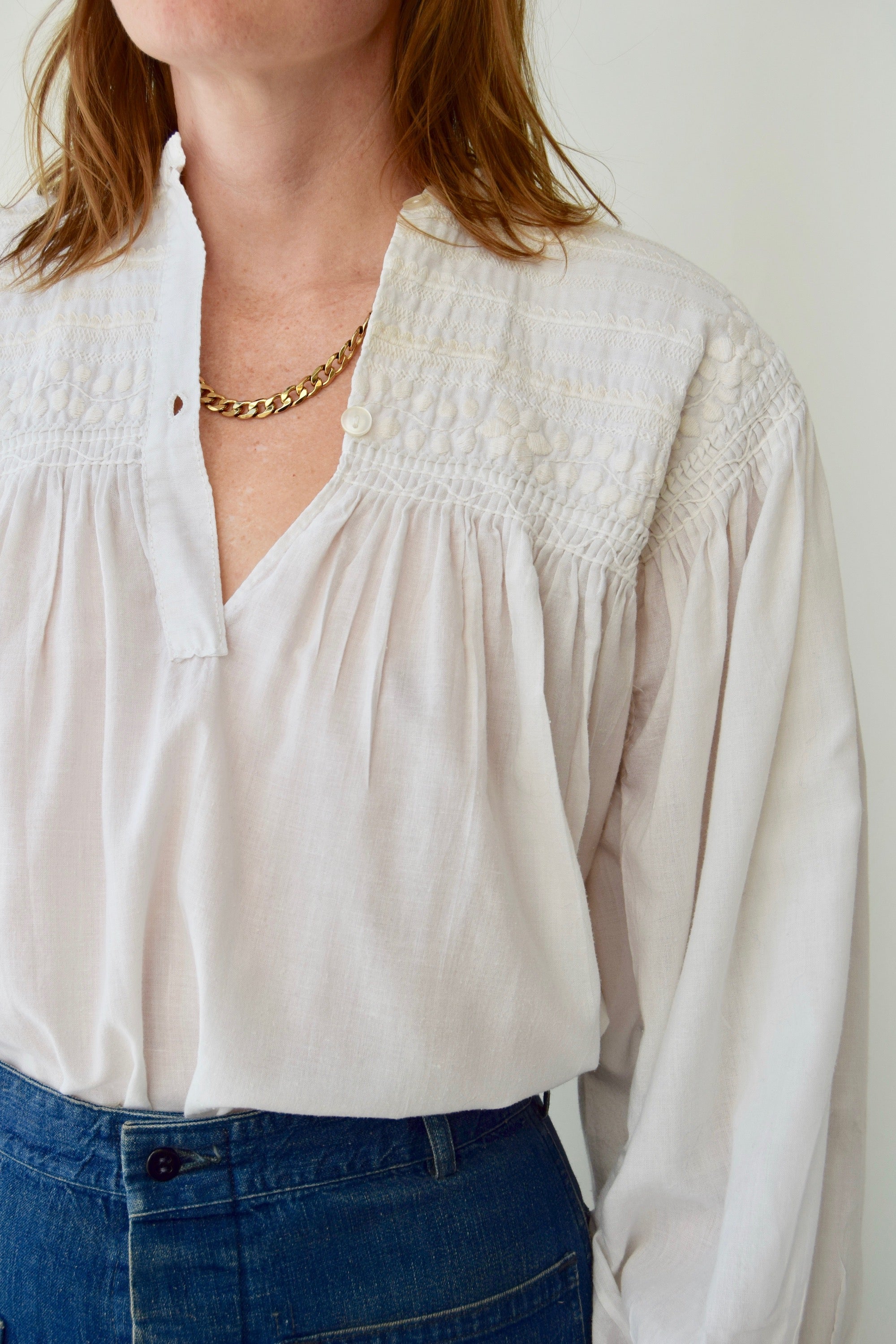 Vintage Hand Embroidered White Peasant Blouse