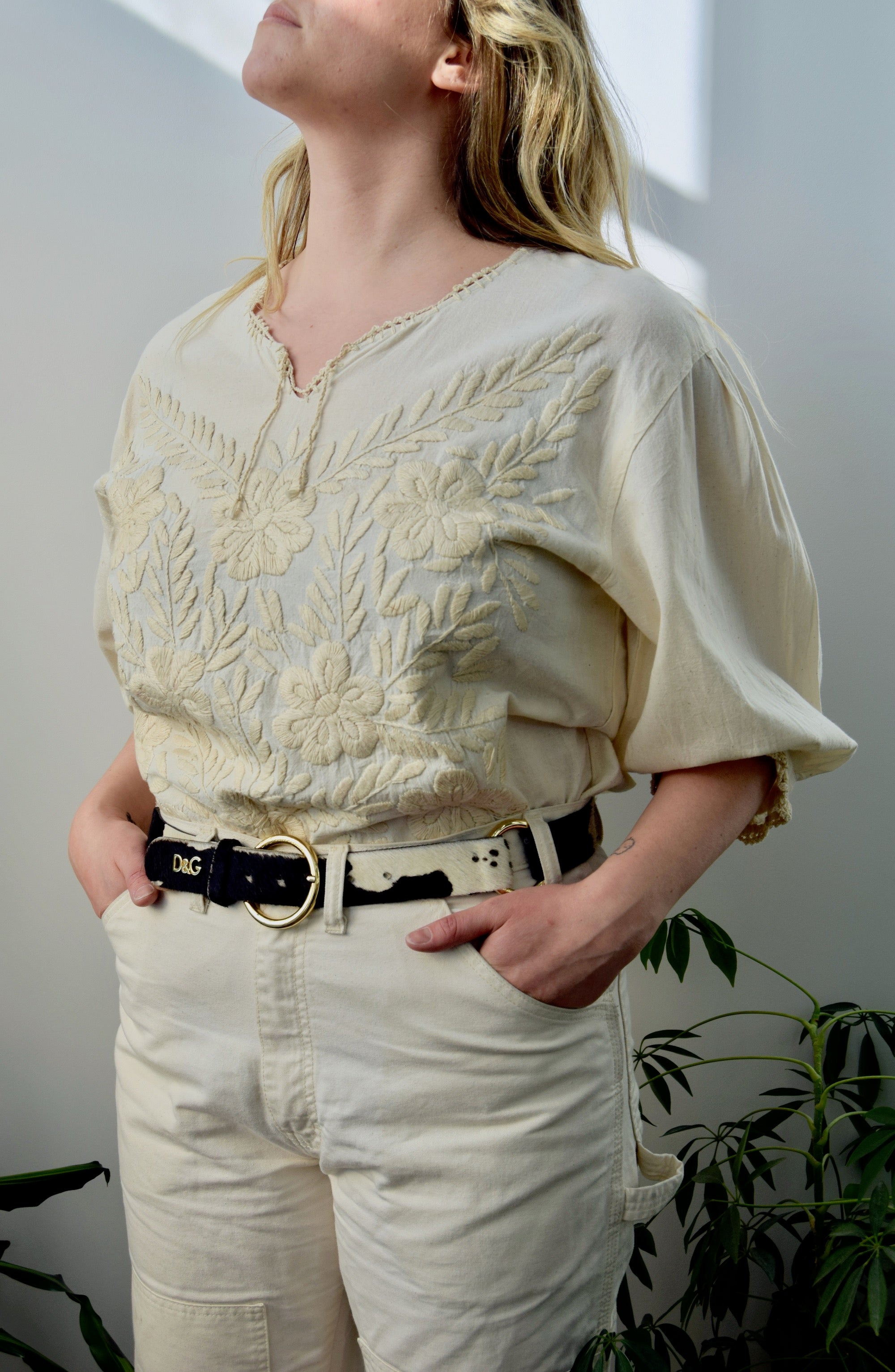Cream Puffy Embroidered Top
