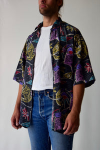 Vintage Men's Abstract Floral Silk Button Up Shirt