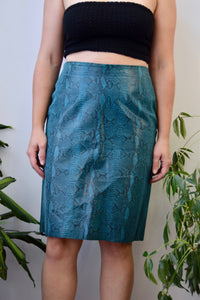 Teal Snakeskin Print Leather Skirt