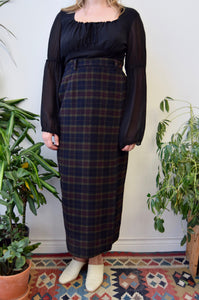 Dark Plaid Wool Maxi Skirt