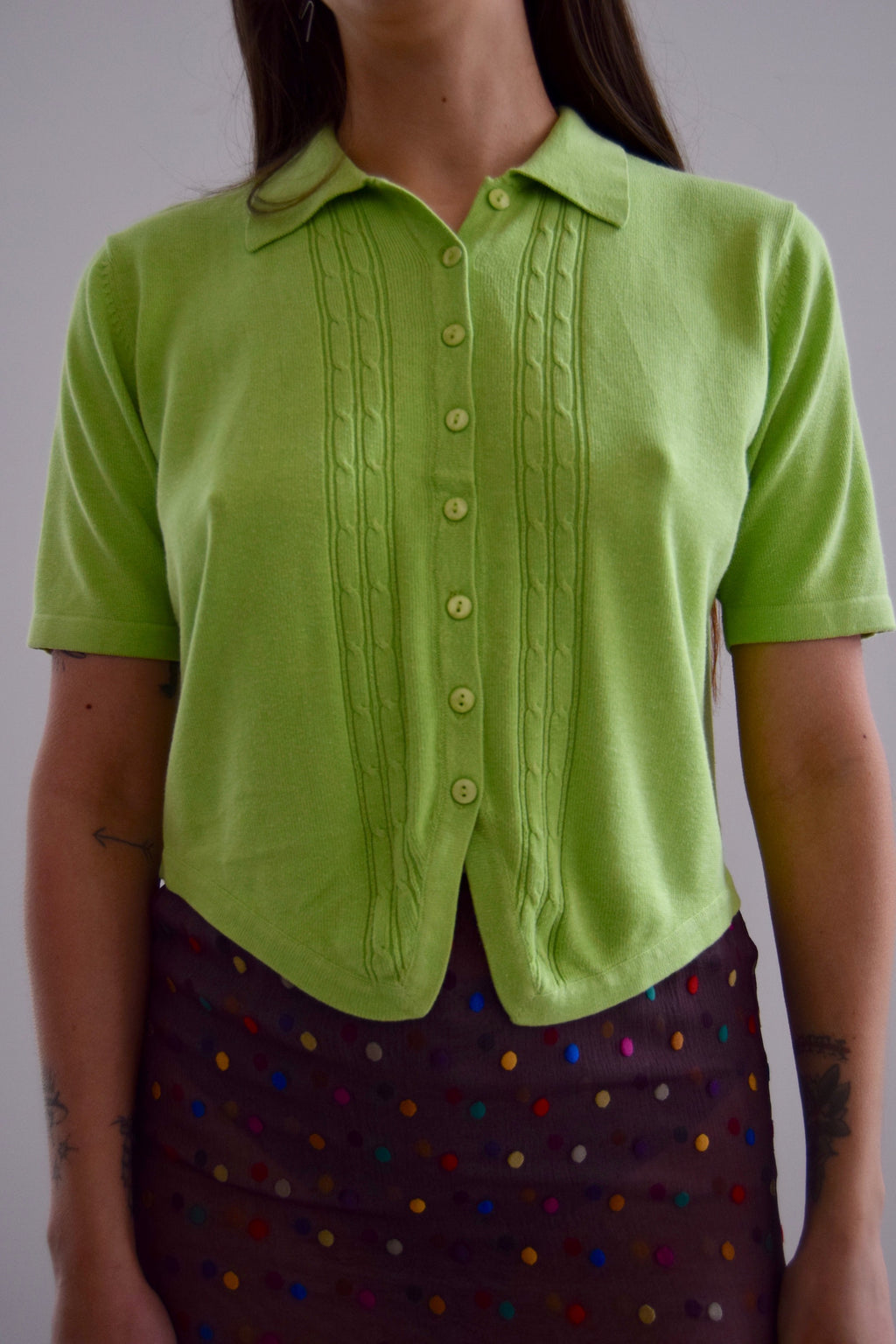 Chartreuse Green Collared Button Up Sweater Top