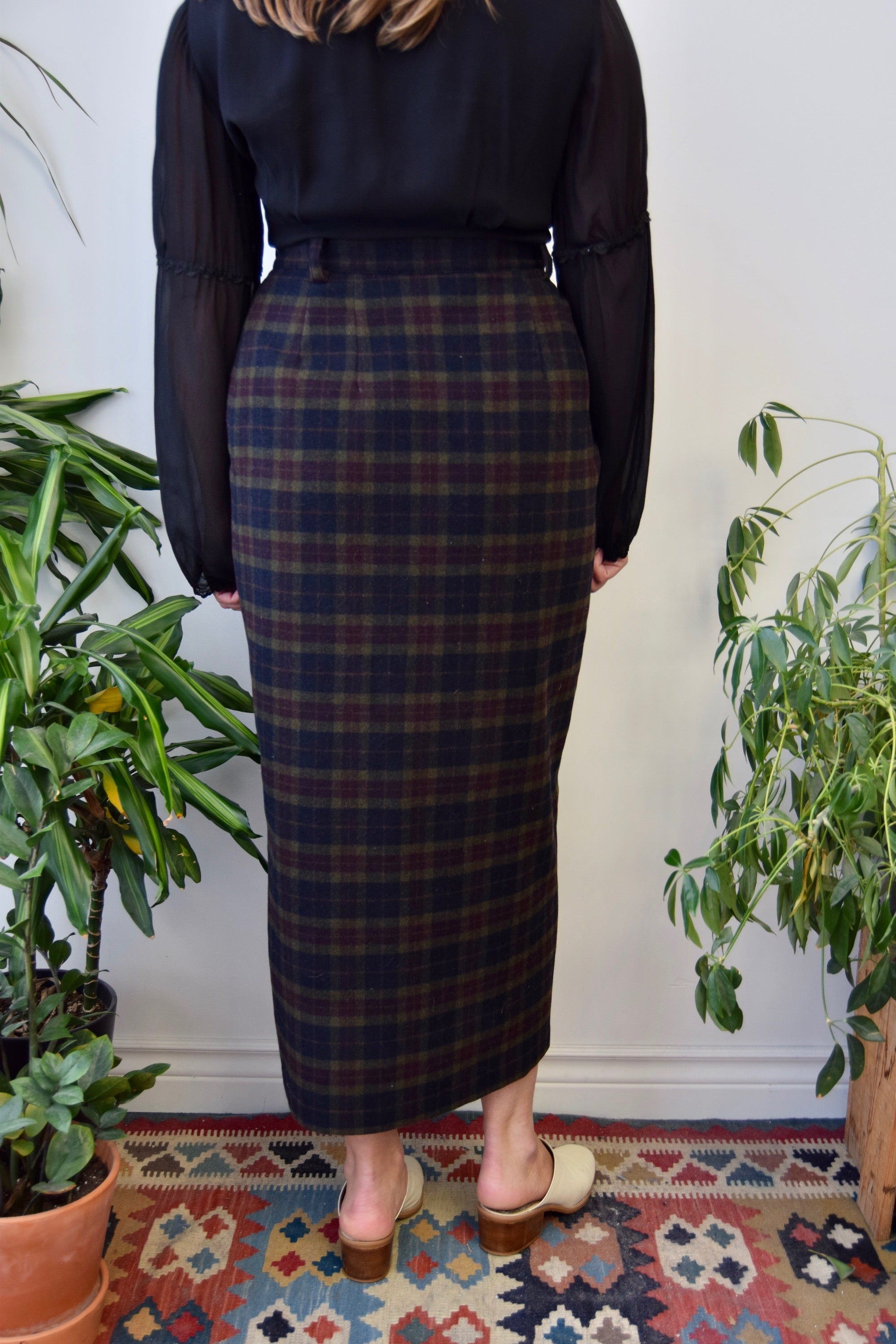 Dark Plaid Wool Maxi Skirt