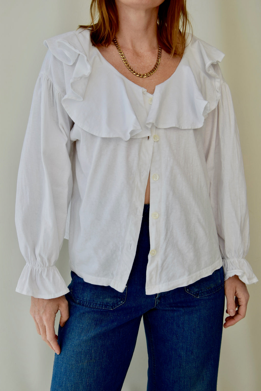 White T-Shirt Cotton Ruffled Blouse