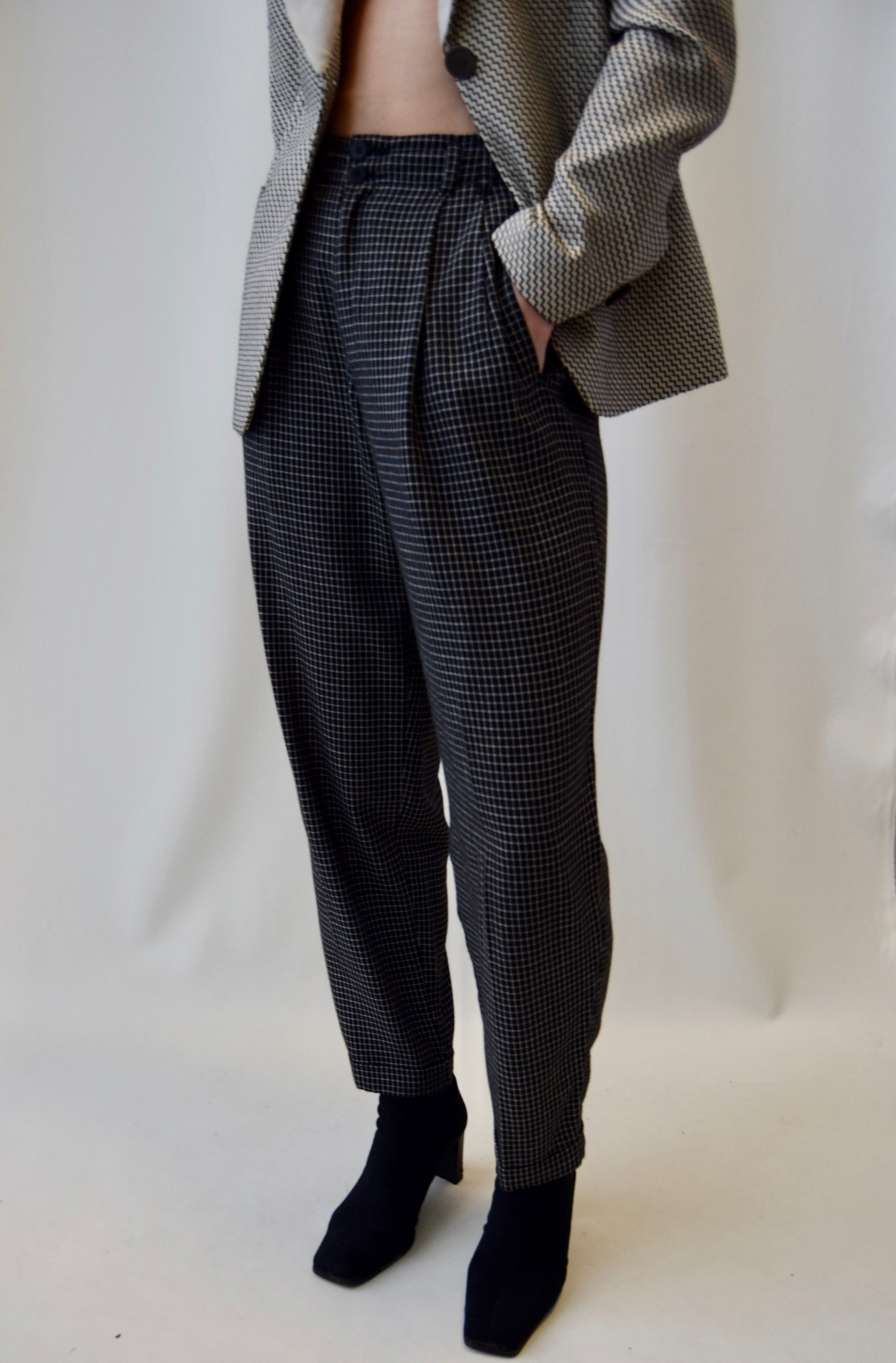 Black & White Grid Patterned Rayon Trousers