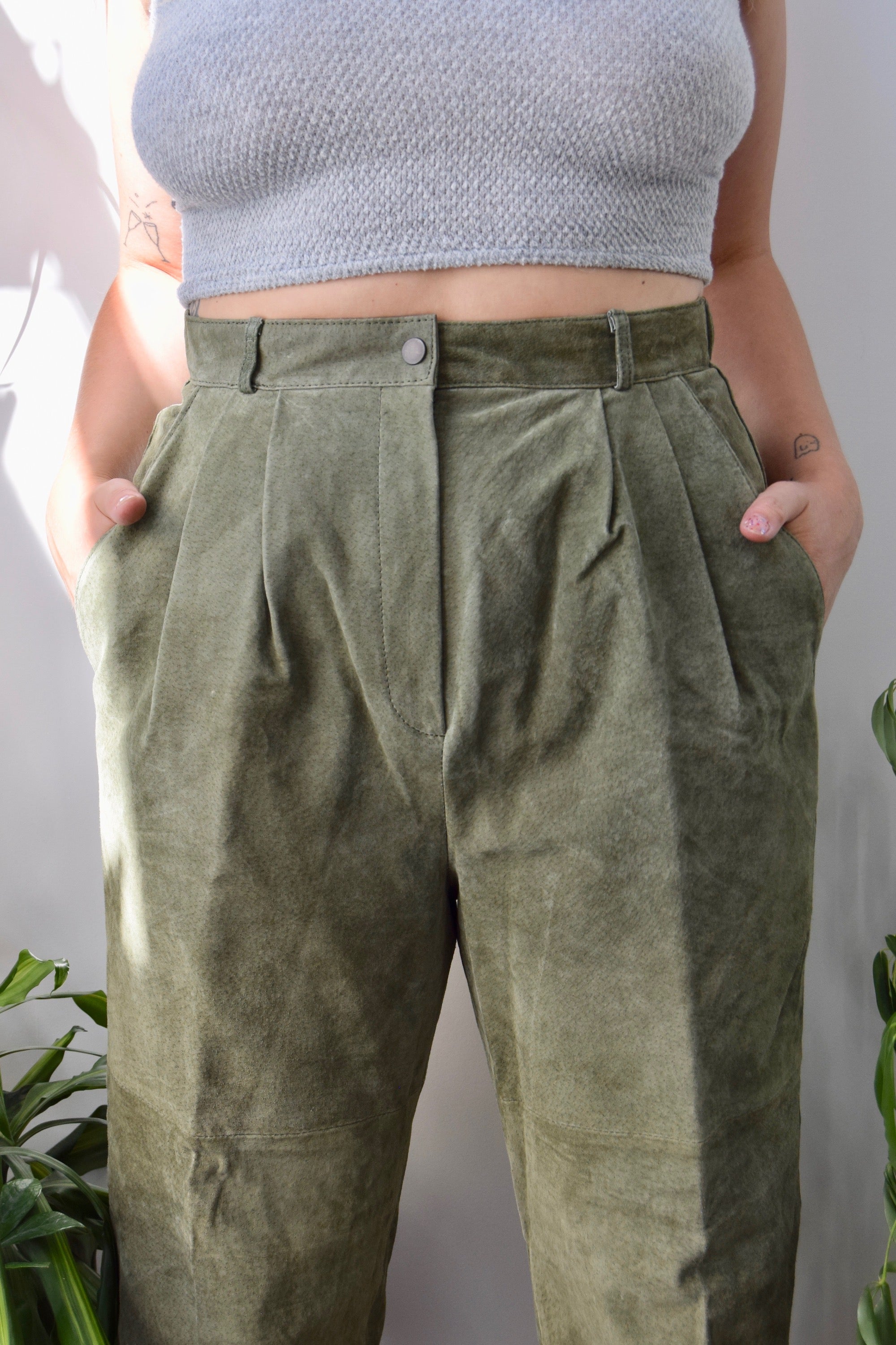 Olive Pleated Suede Pants