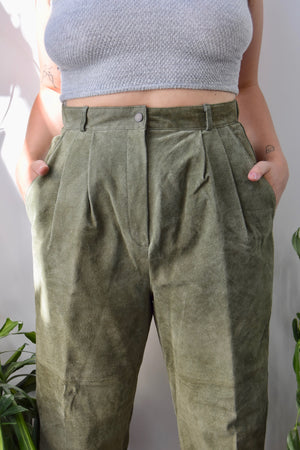 Olive Pleated Suede Pants