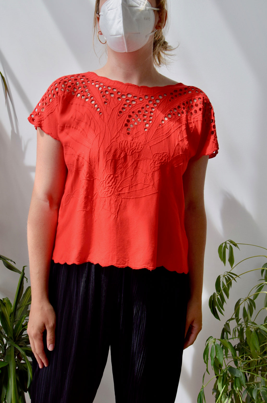 Red Embroidered Floral Rayon Crop Top