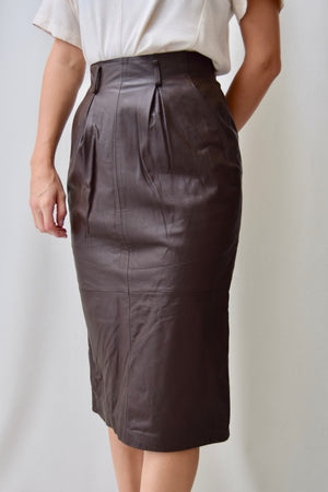 Eighties Chocolate Pleated Leather Midi Skirt