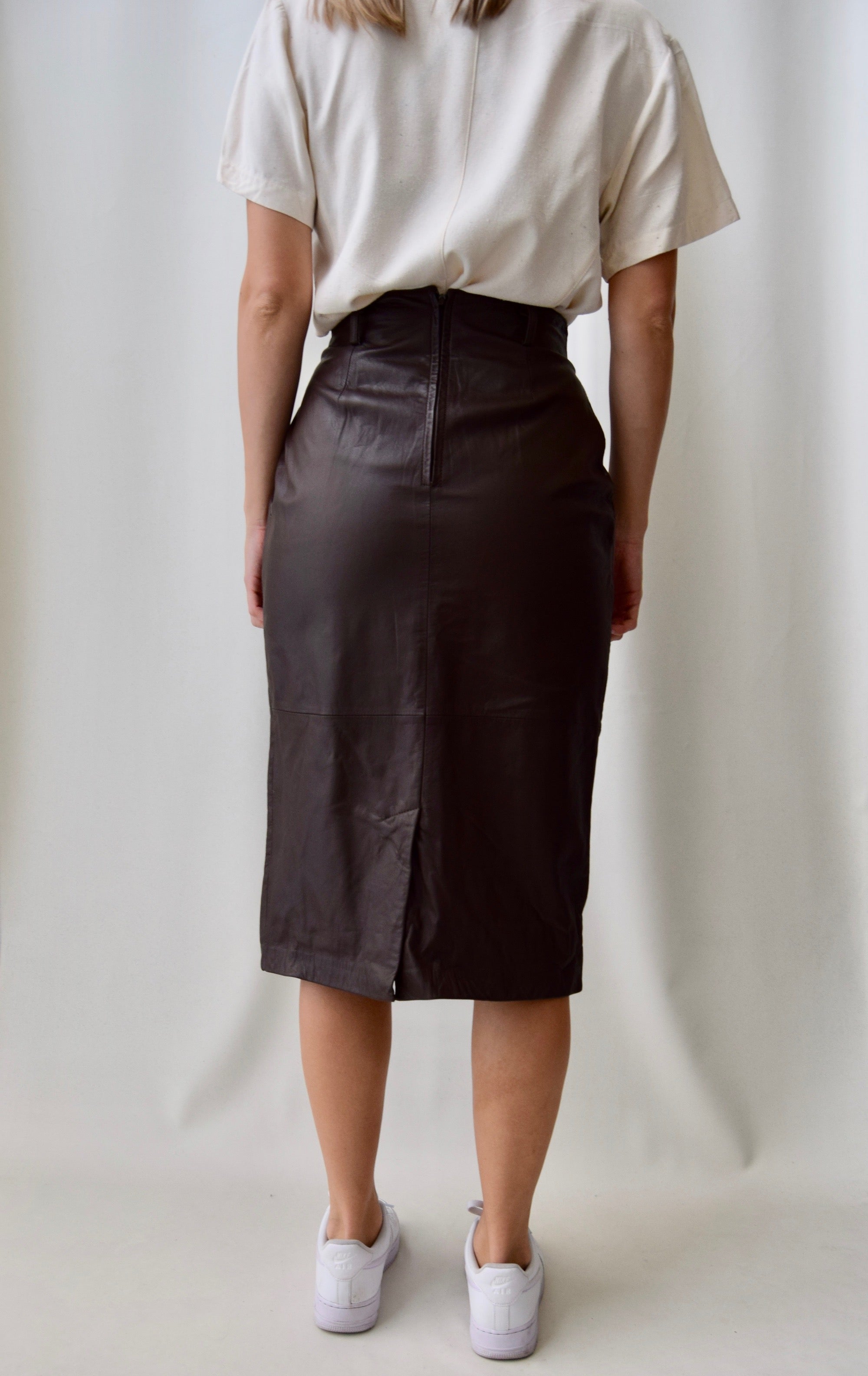 Eighties Chocolate Pleated Leather Midi Skirt