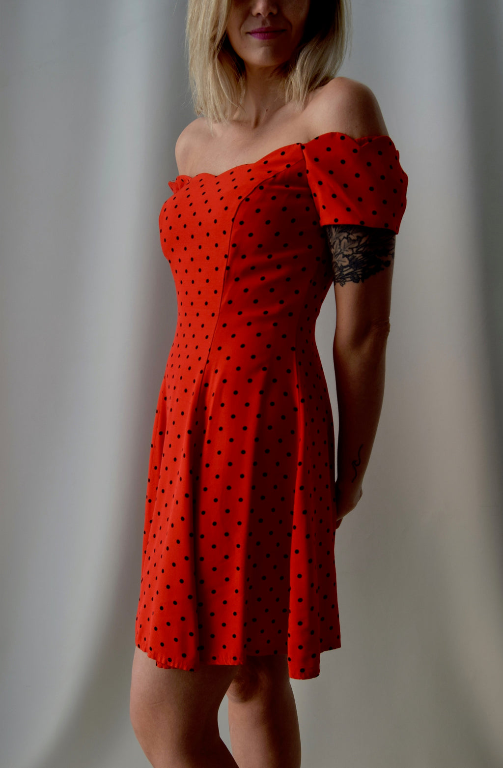 Vintage 80's Off The Shoulder Red Polka Dot Dress