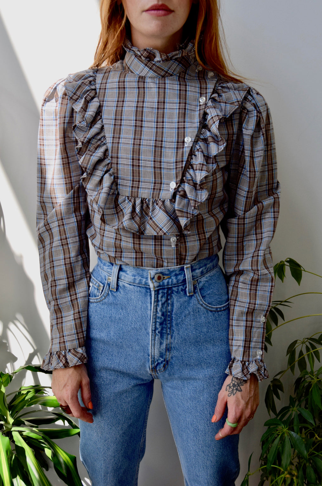 Eighties Plaid Mutton Sleeve Blouse