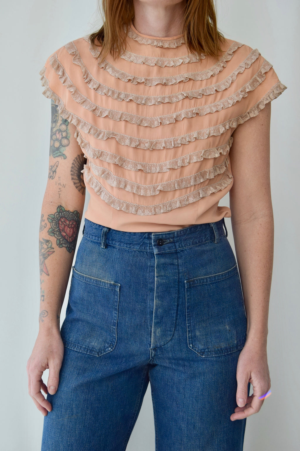 1940's Muted Peach Striped Lace Top