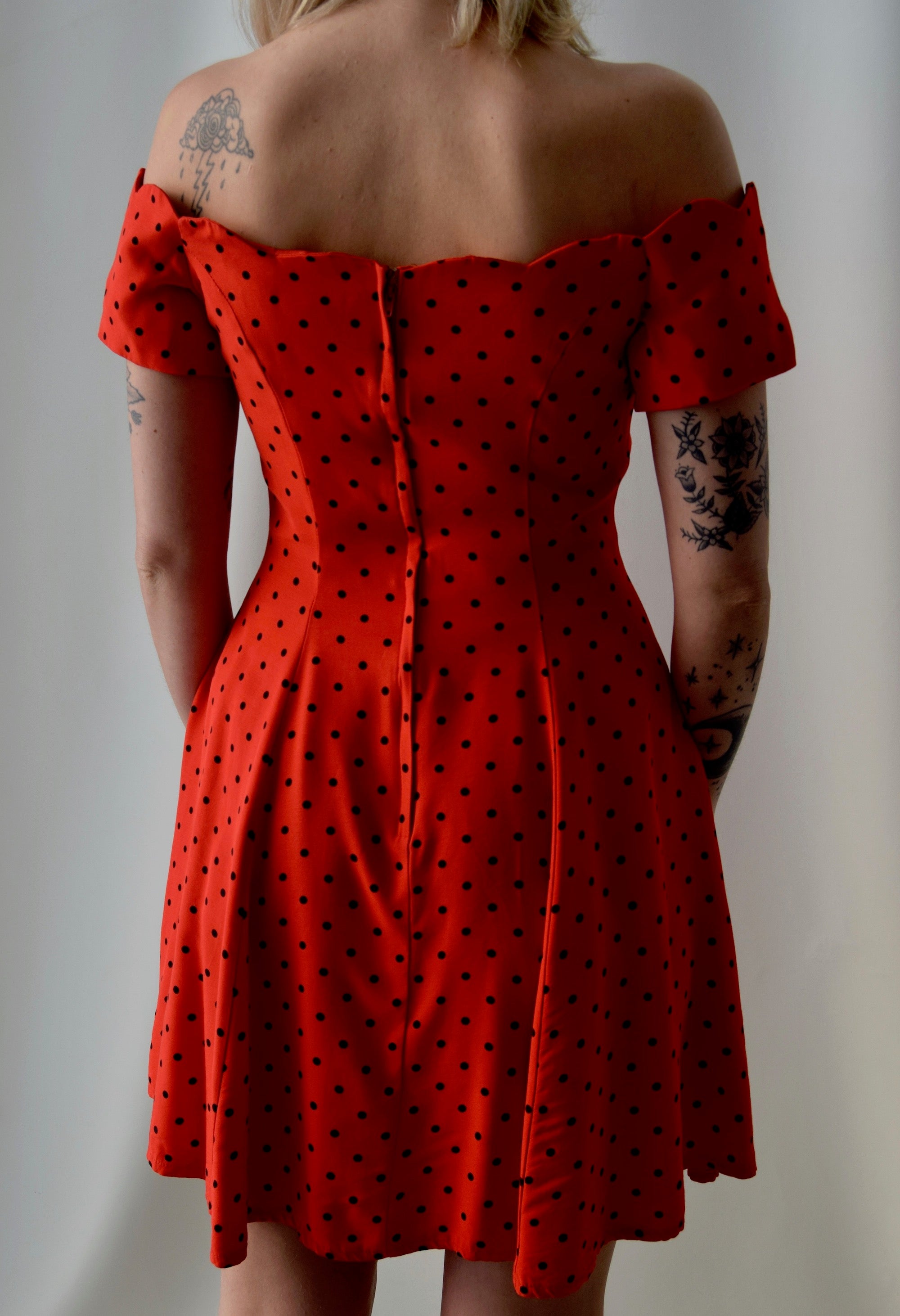 Vintage 80's Off The Shoulder Red Polka Dot Dress