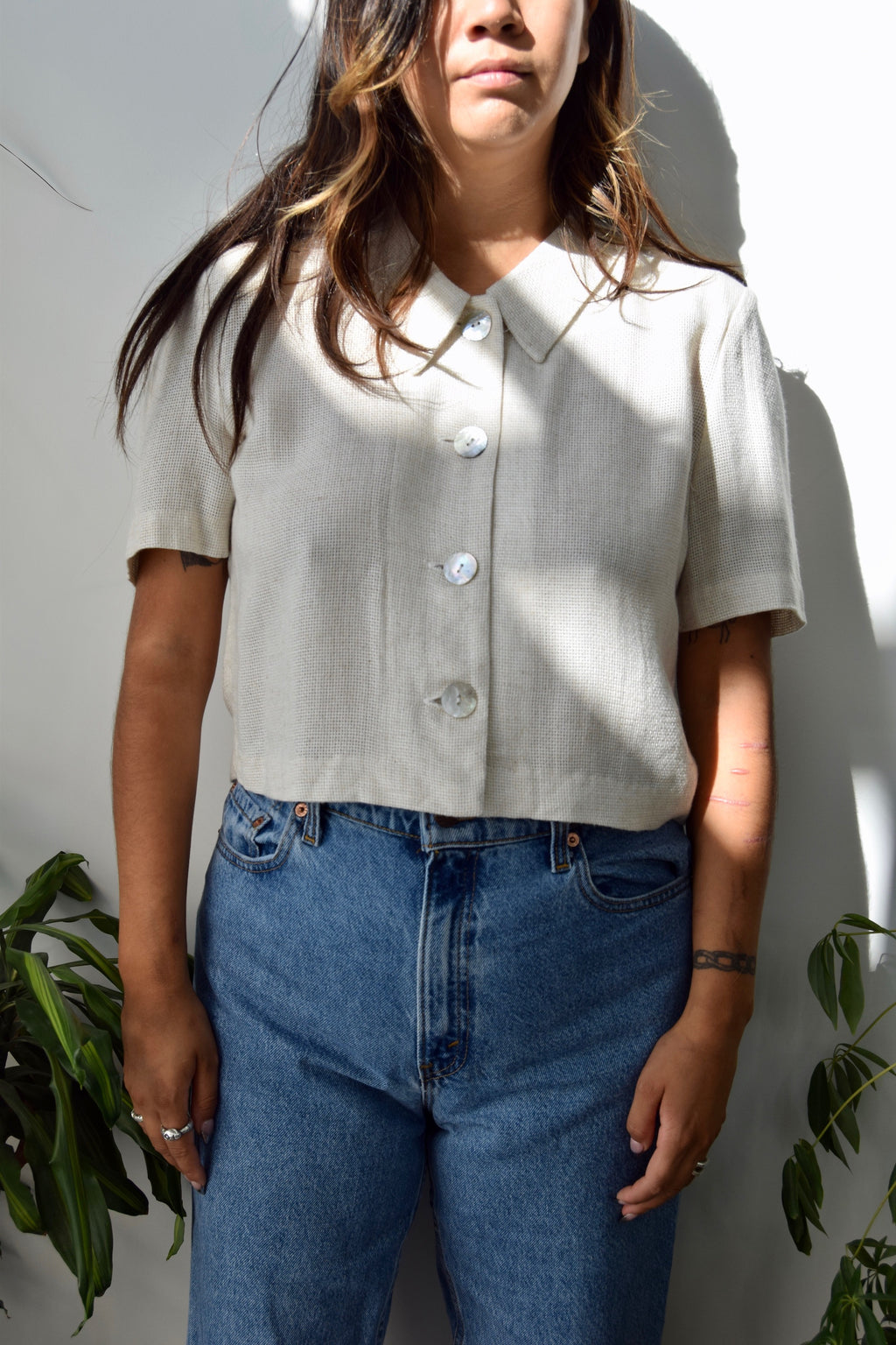 Cream Cropped Button Up