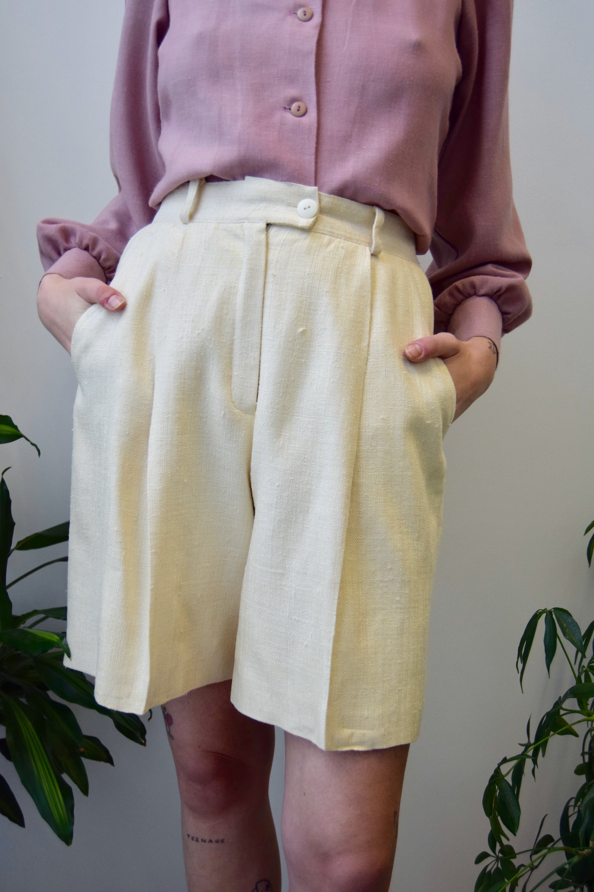 Ivory Raw Silk Trouser Shorts