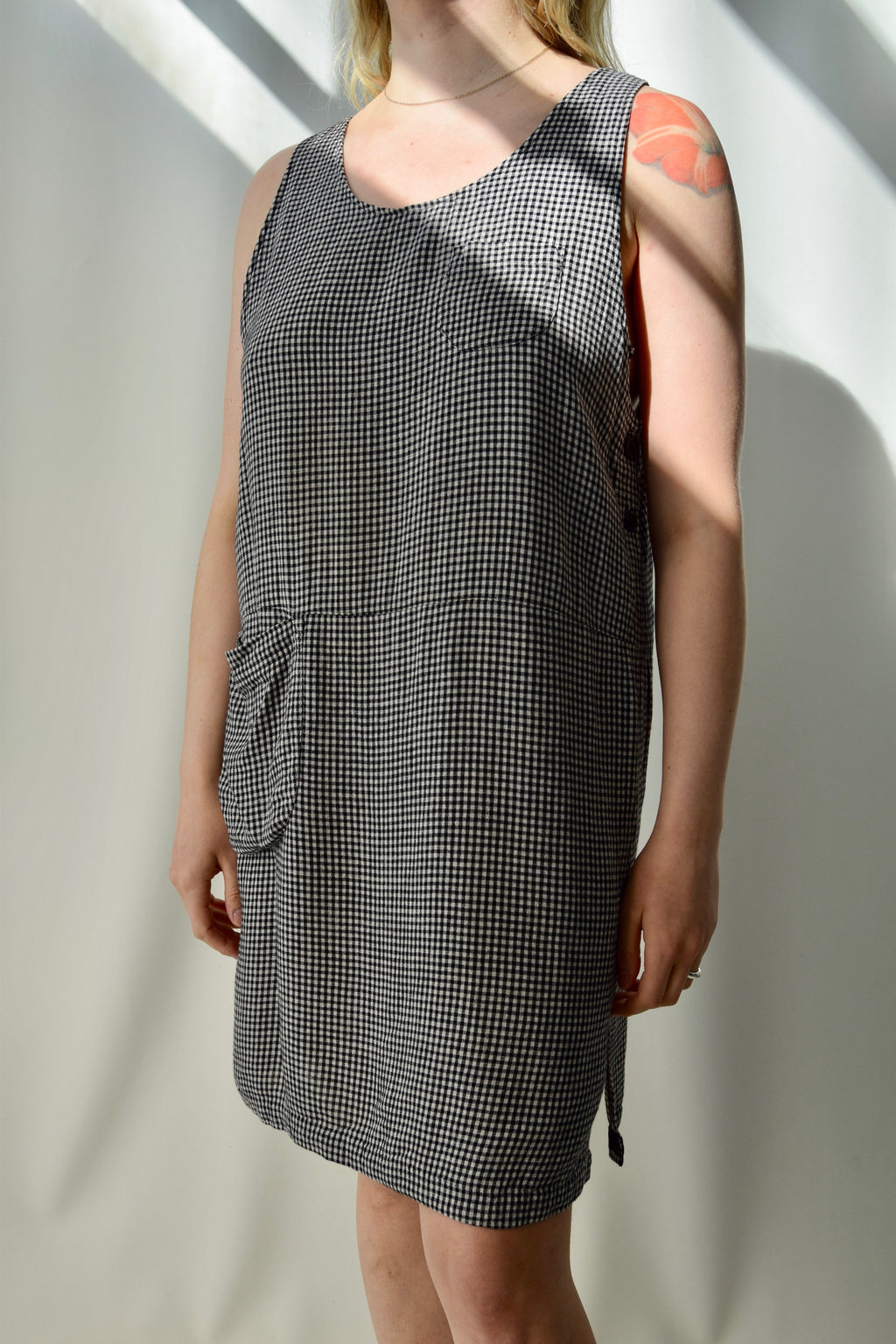 Black and White Gingham Linen Blend Tank Dress