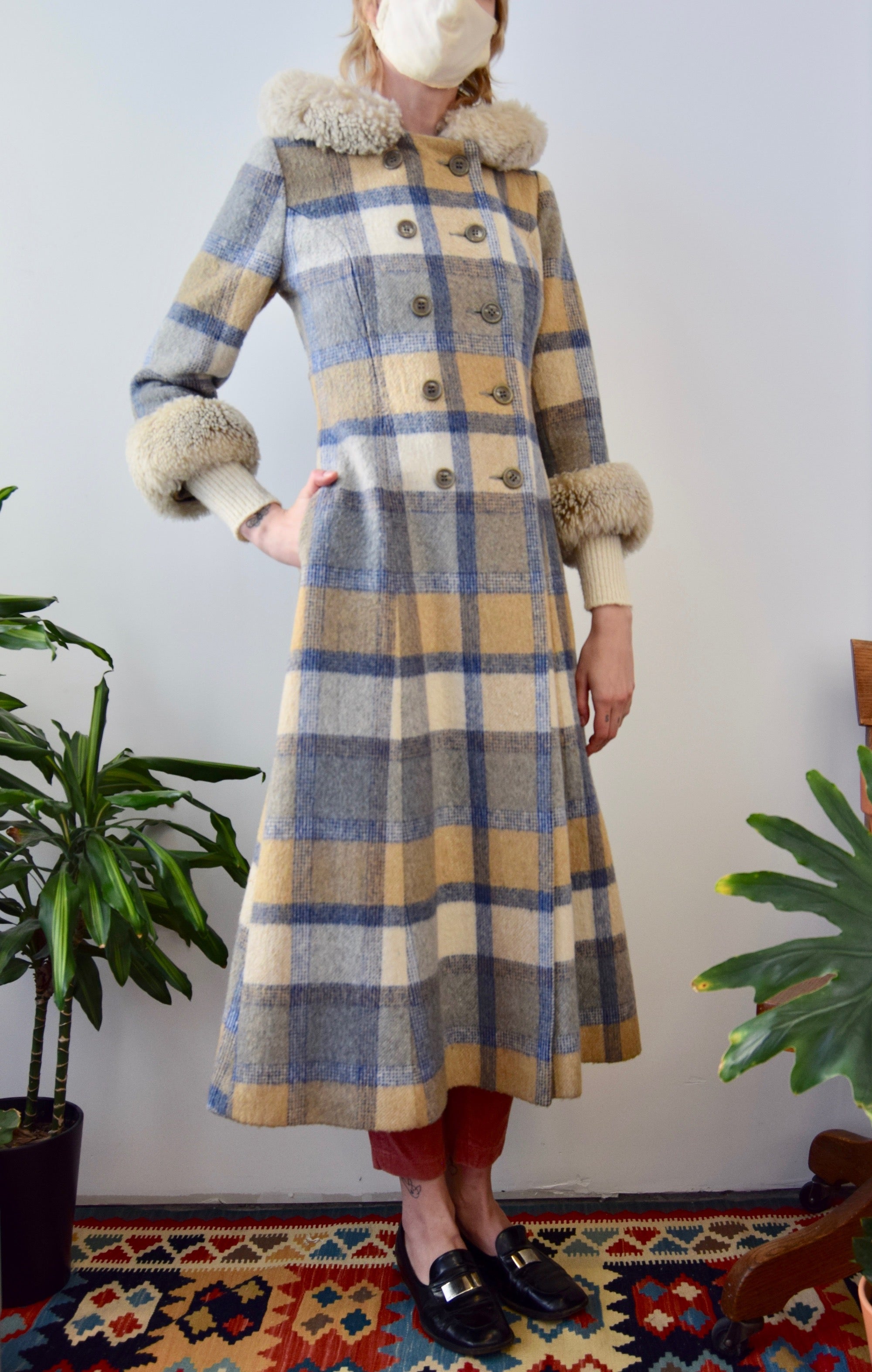 Plaid Wool Faux Fur Coat