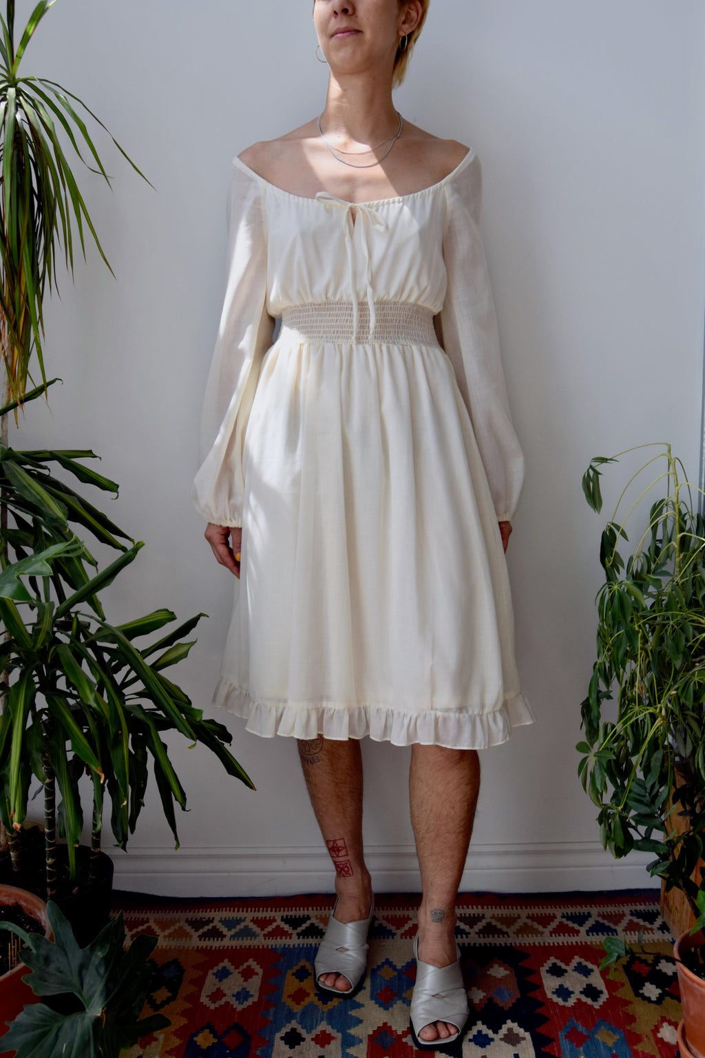 Seventies Cream Peasant Dress