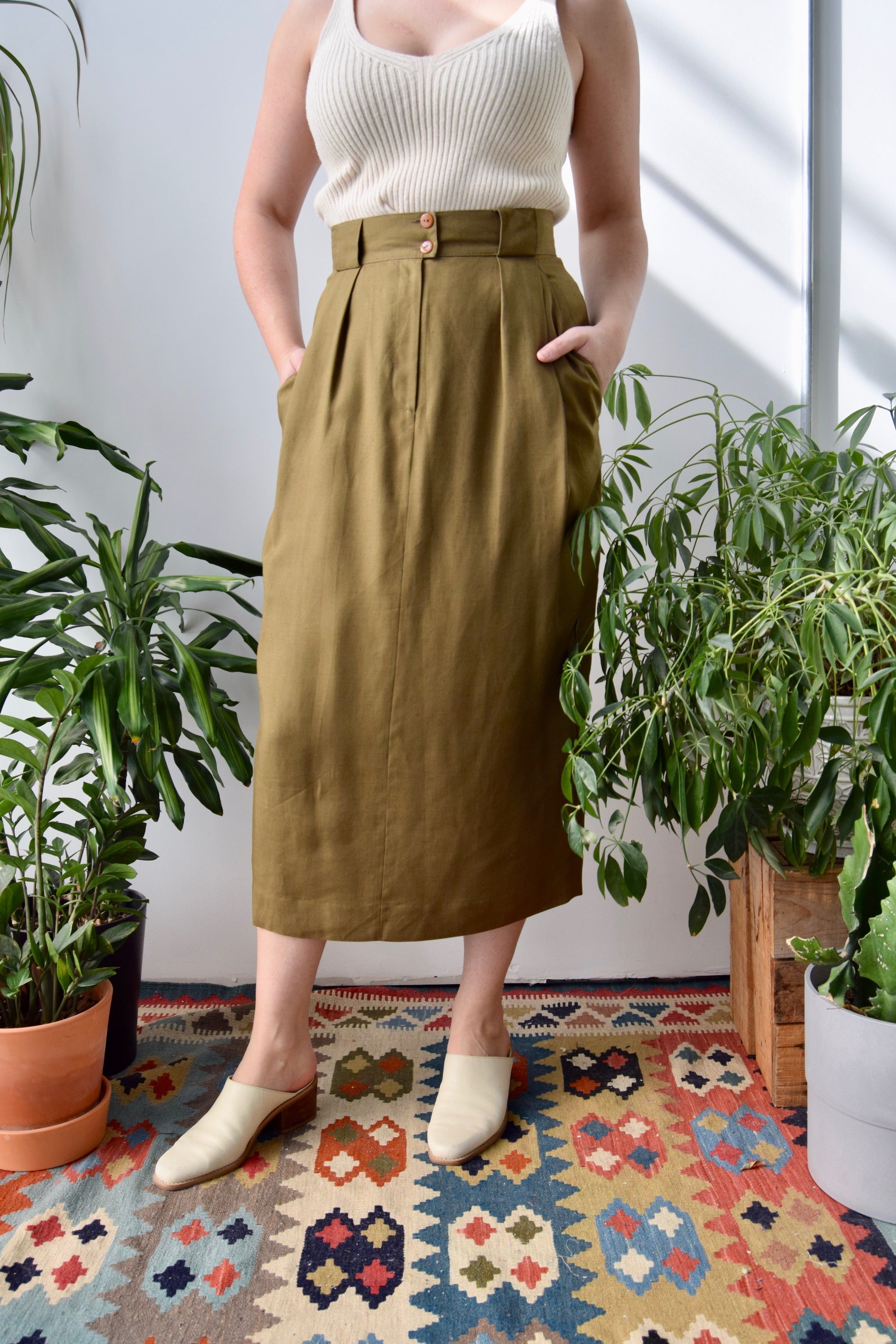 Mossy Linen Midi Skirt