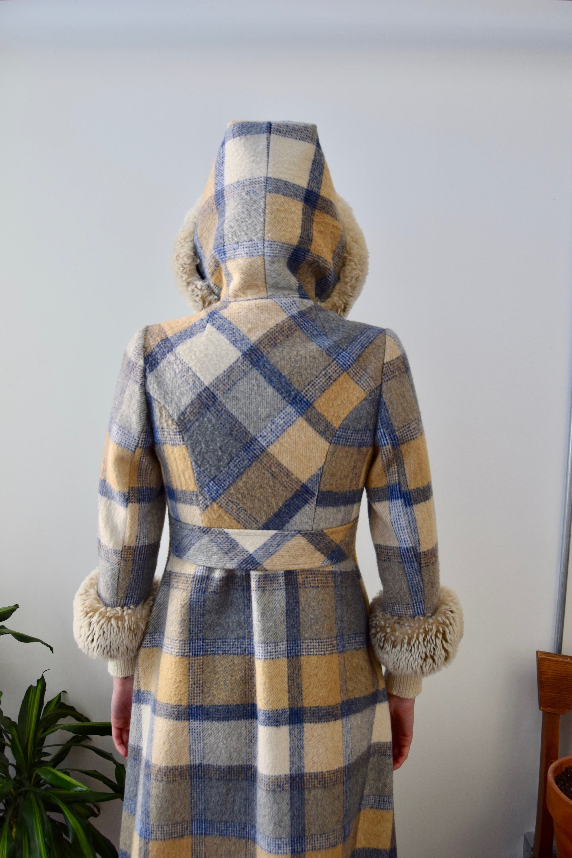 Plaid Wool Faux Fur Coat