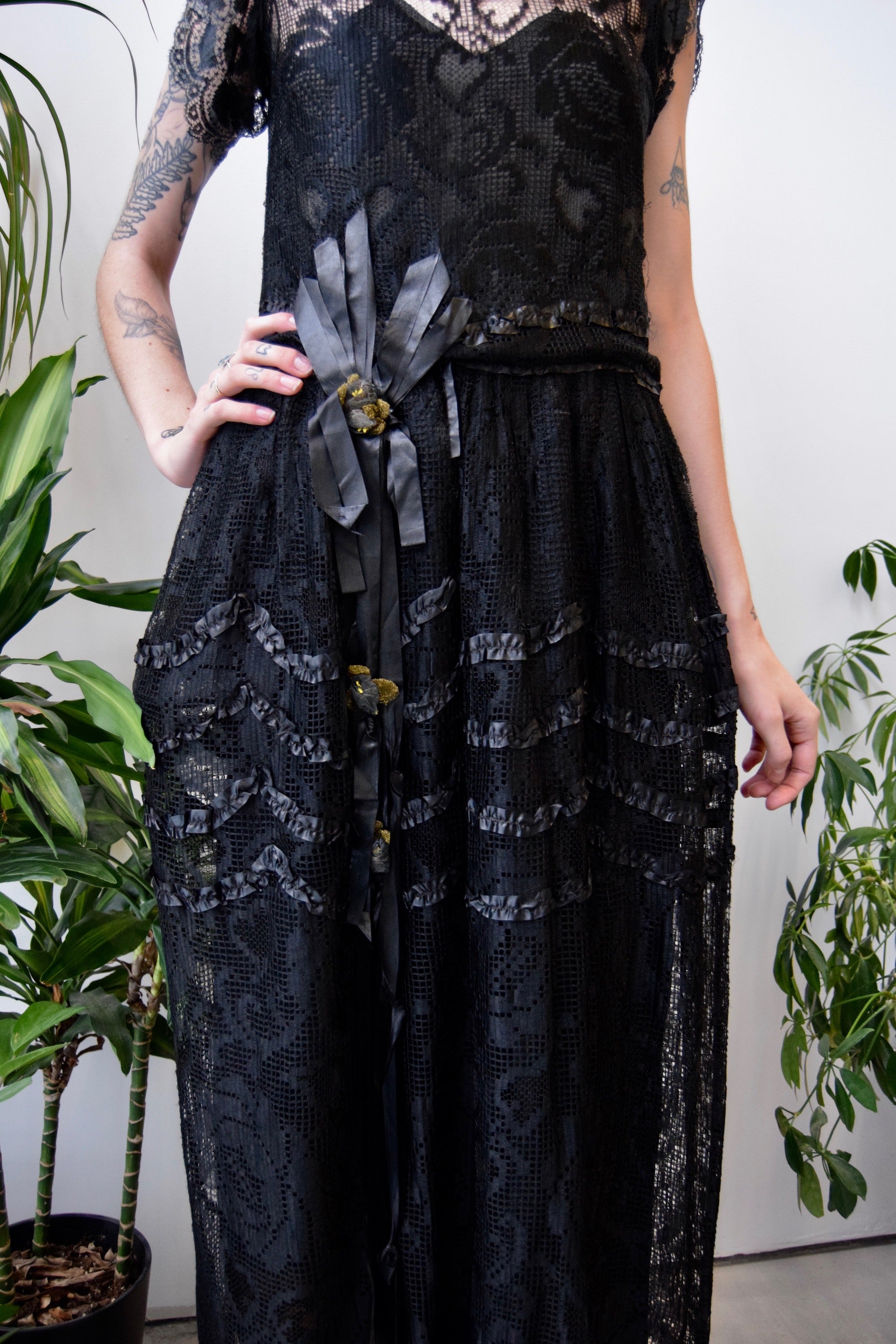 Antique Black Lace Net Dress
