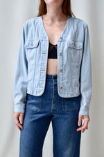 Collarless Light Wash Denim Jacket