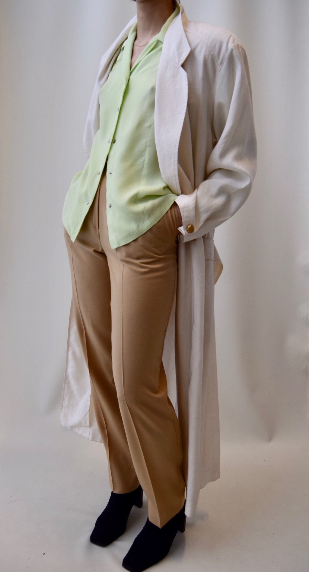 80s Tahari Linen Blend Bone White Tailored Trench Jacket