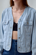 Collarless Light Wash Denim Jacket