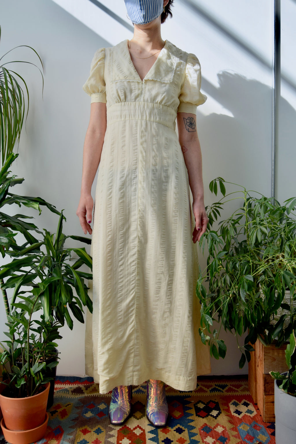 Seventies Cream Textured Cotton Dress