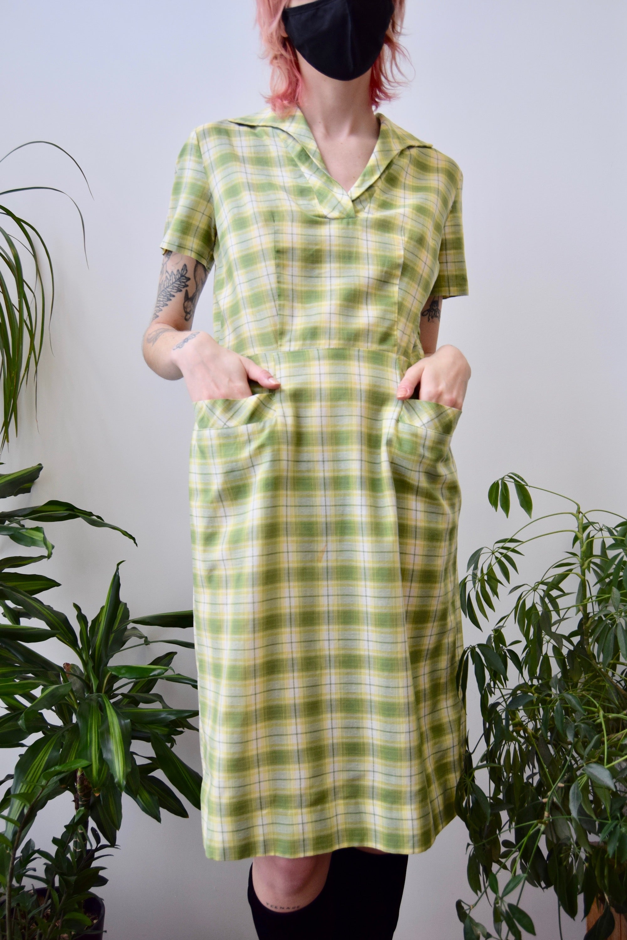 Sixties Green Plaid Button Dress