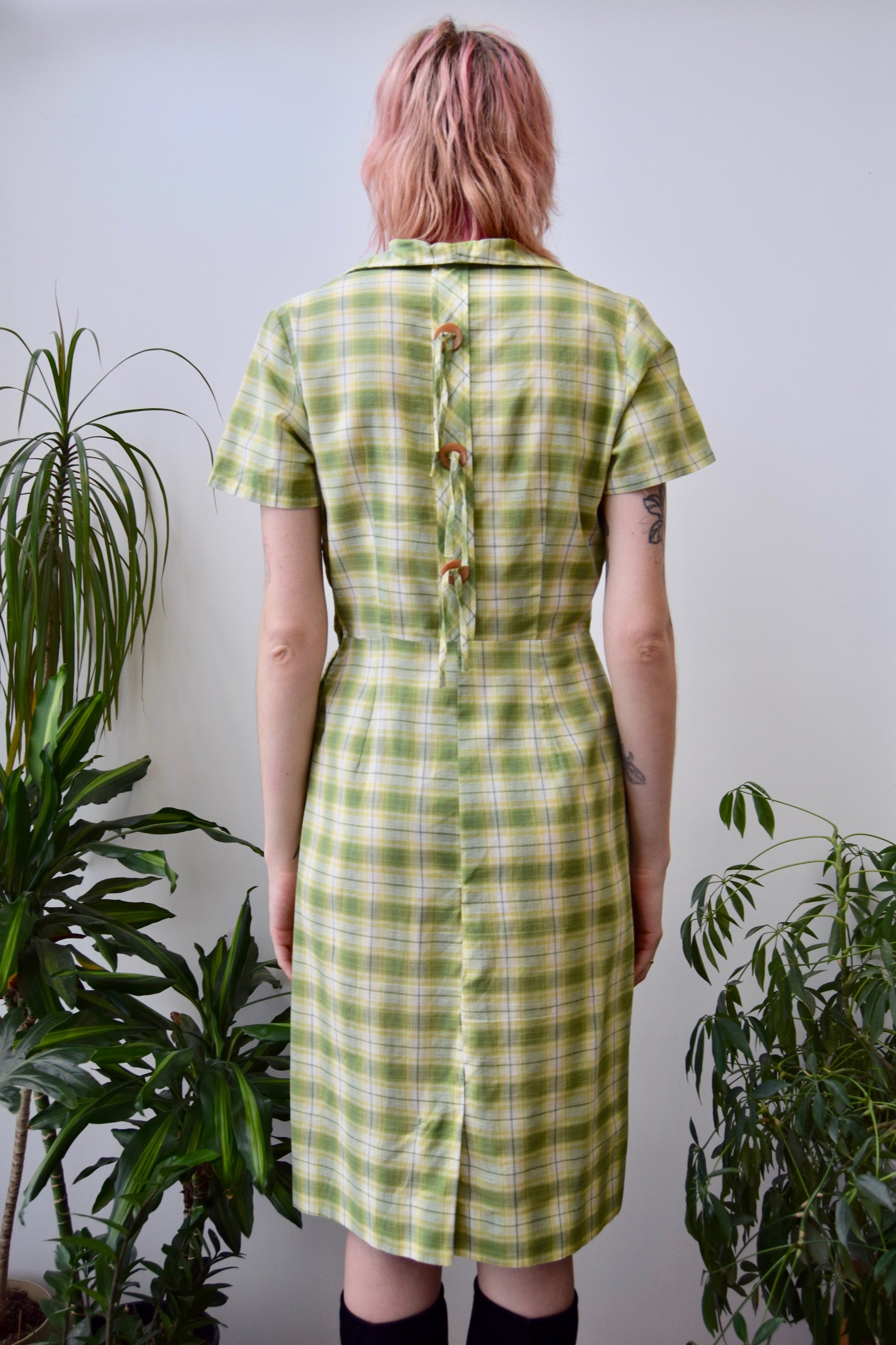 Sixties Green Plaid Button Dress