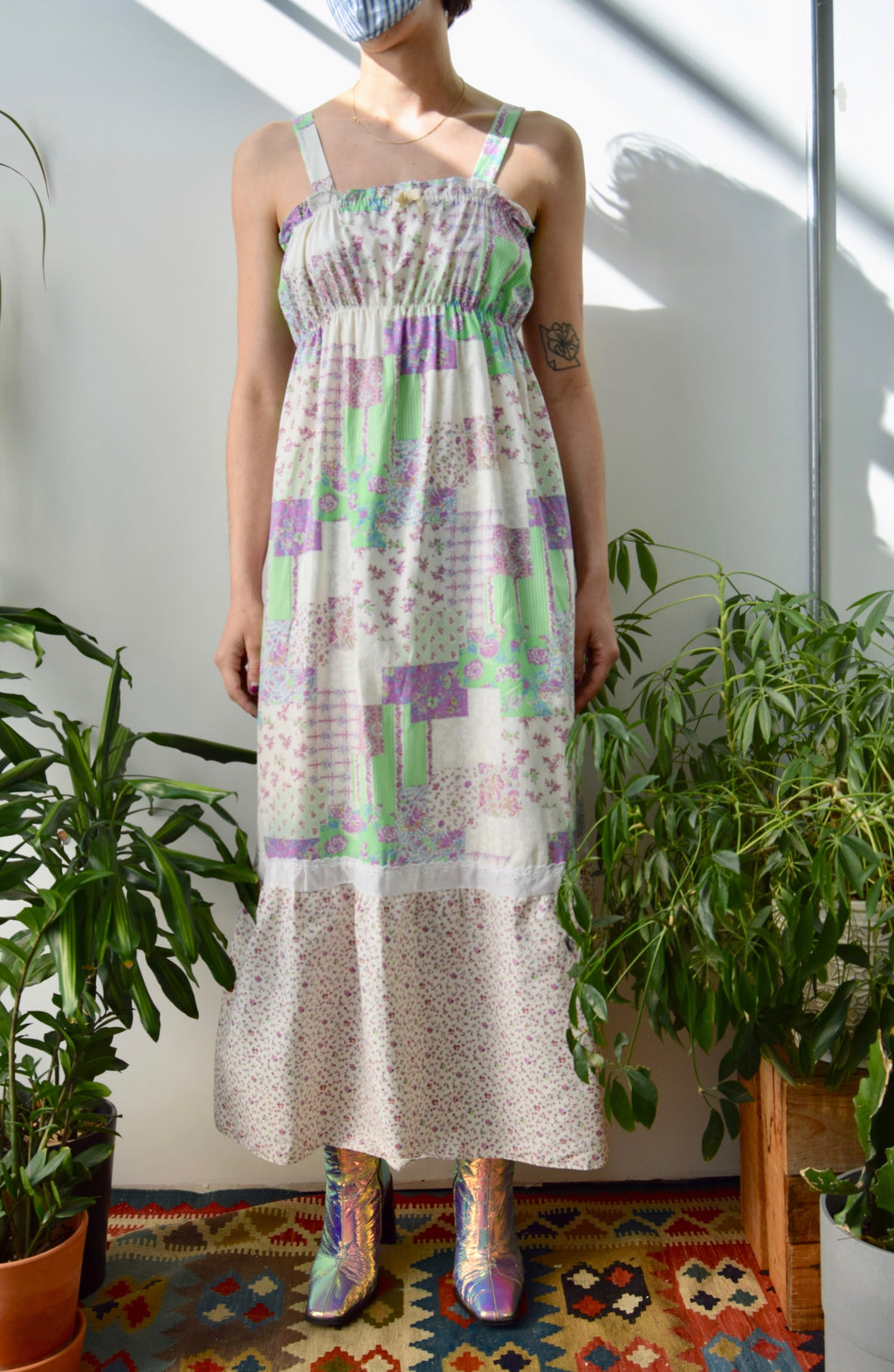 Purple and Green Patchwork Floral Maxi Dress