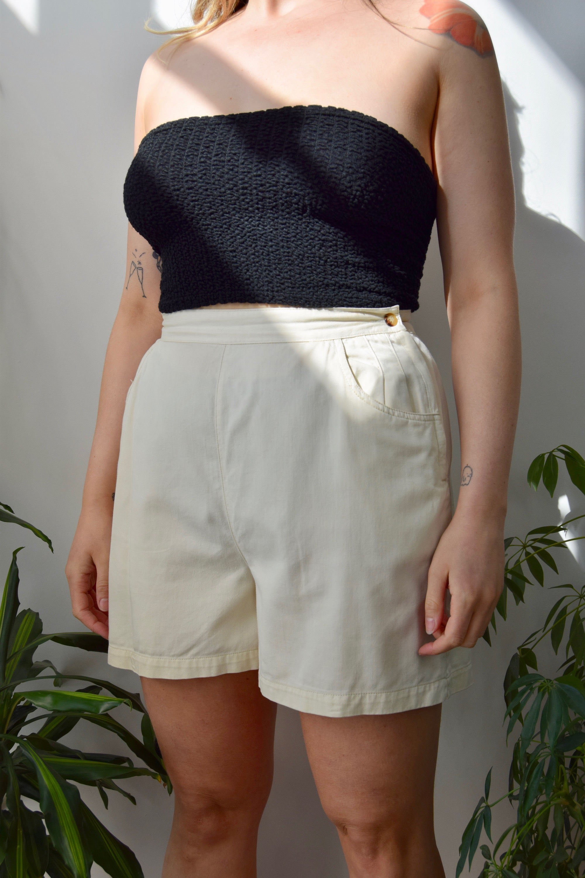 Cream Cotton High Waisted Shorts