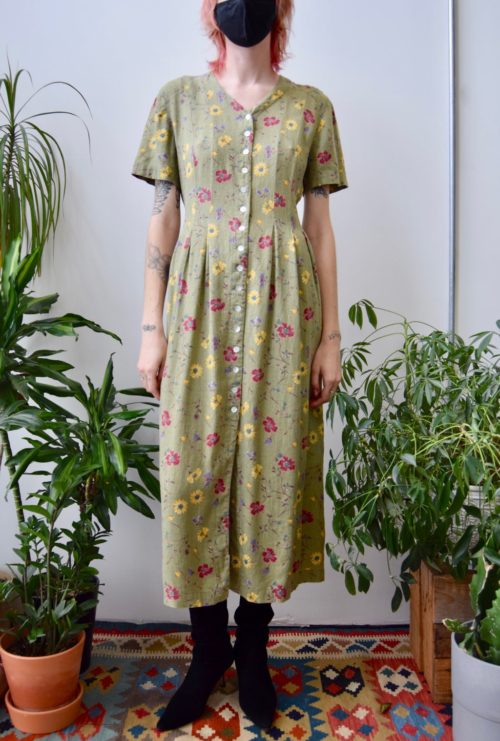 Mossy Linen Blend Floral Dress