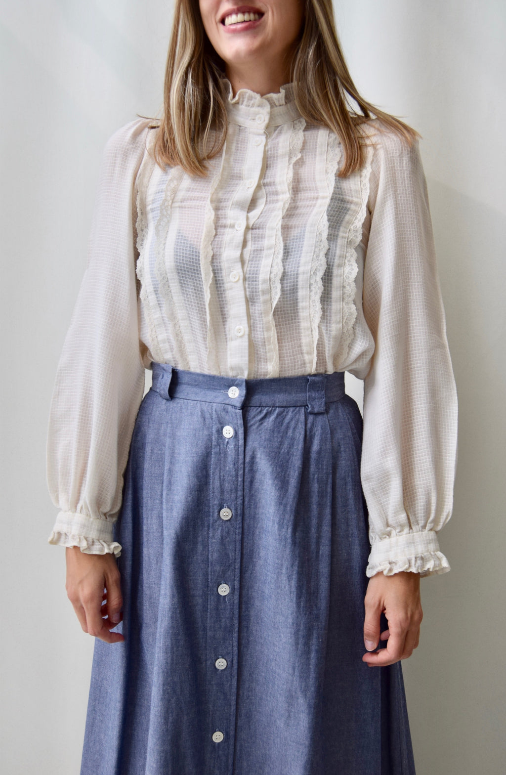 Sheer Grid "Gunne Sax" Ruffle Blouse