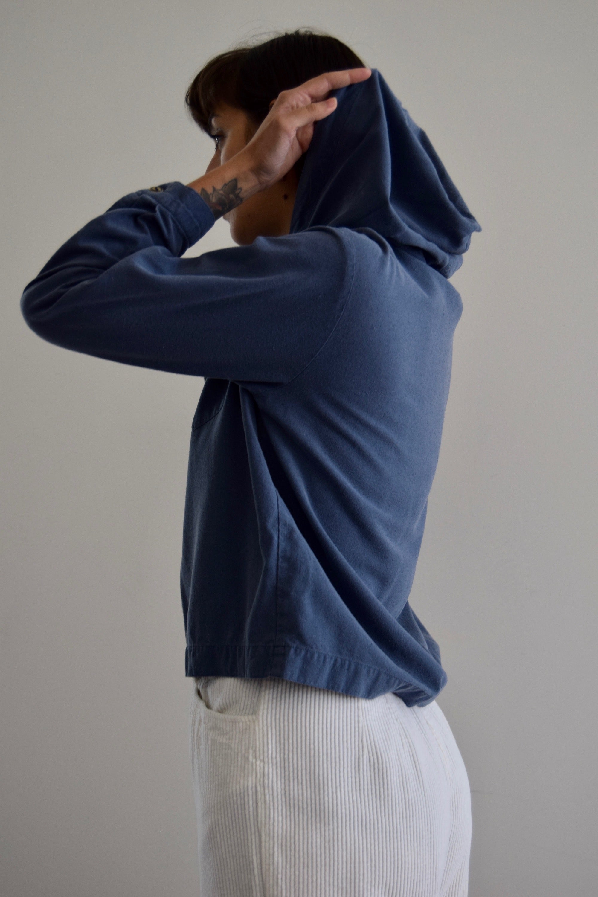 Dusty Blue Raw Silk Hooded Button Up Top