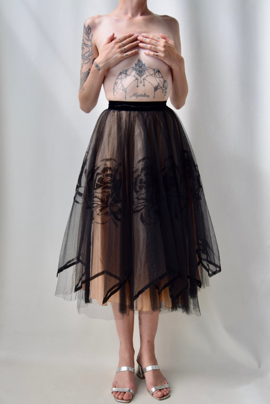 1950's "Dance Time" Black and Peach Rose Tulle Skirt